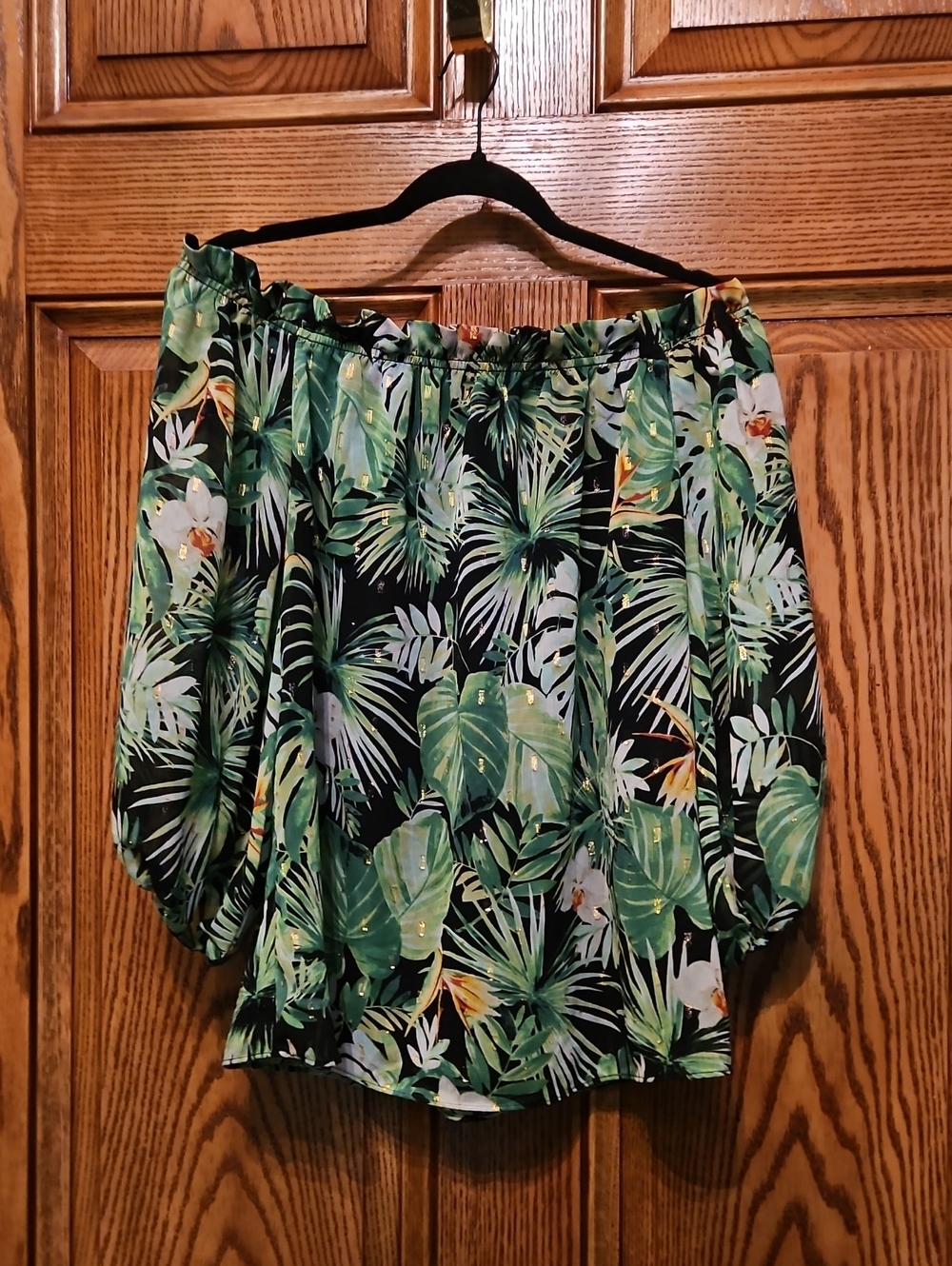 Tropical Off-Shoulder Women’s Top in Green Leaf Print